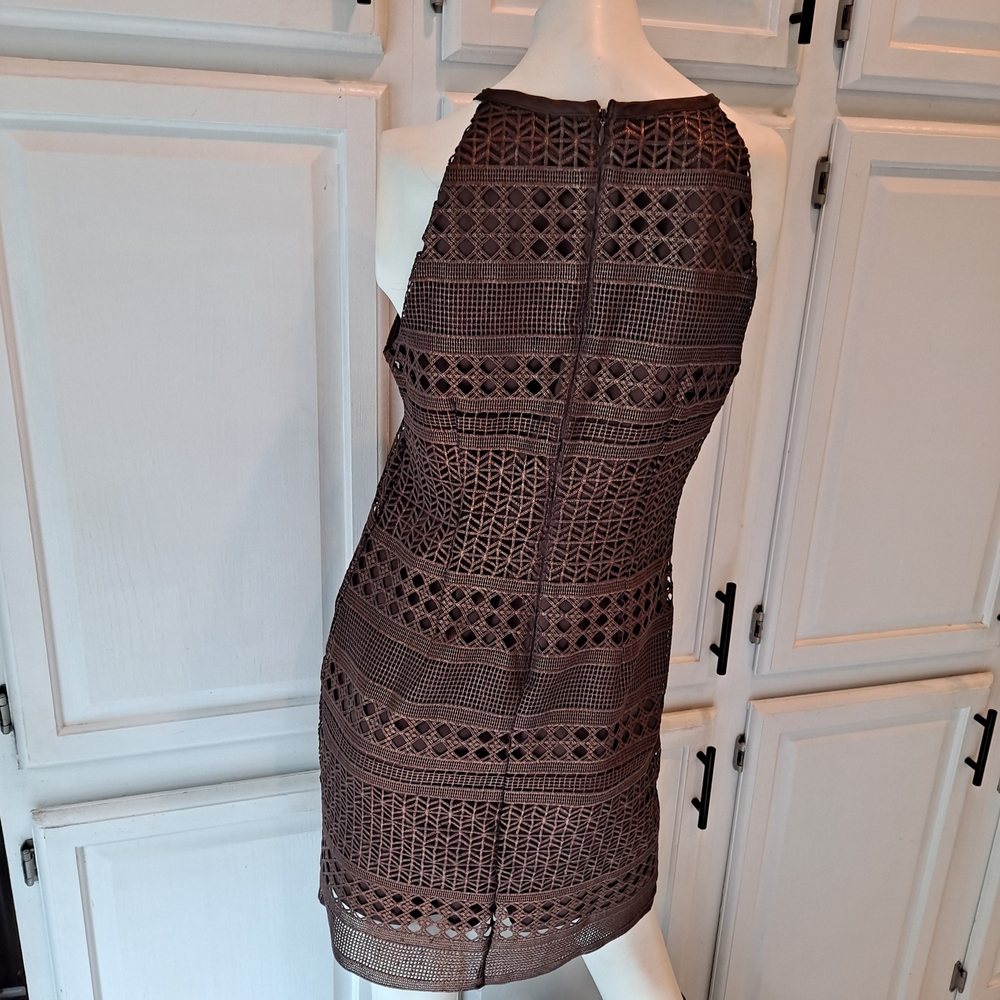 Brown Shimmer Crochet Laser Cut Halter Sheath Dress - Picture 6 of 11